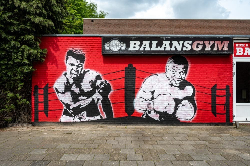 Muurschildering Balans Gym van Atilla Yuksel in de wijk Wandelbos in Tilburg